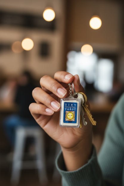 Mixed-race hand holding Tiny Tarot keychain