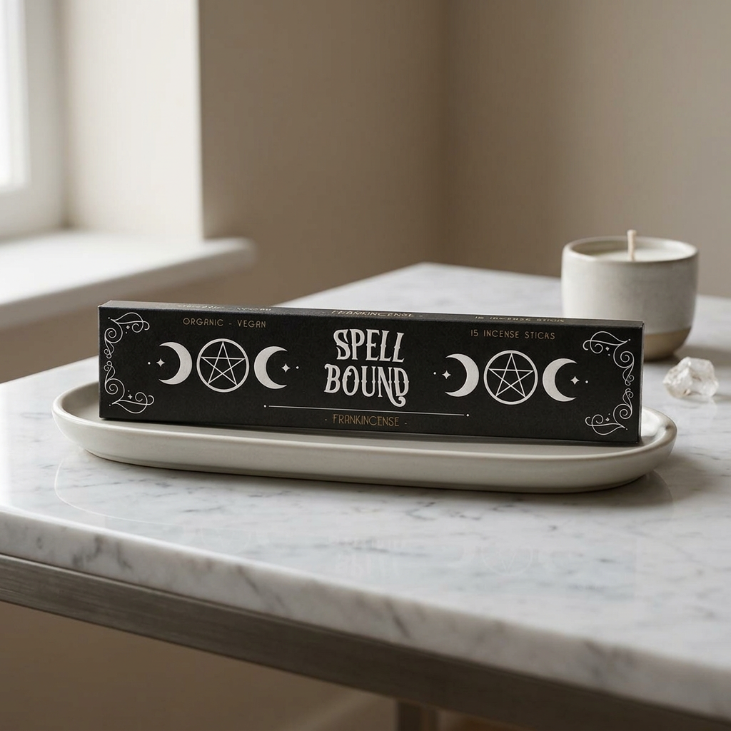 Highly detailed image of a 15/pk Spell Bound stick box on a modern ceramic tray on a marble surface, with cinematic lighting highlighting micro-texture details.