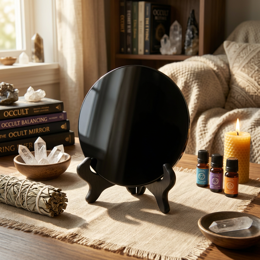 Full-body view of 12cm black obsidian scrying mirror on modern stand in a cozy spiritual practice room with ritual tools.