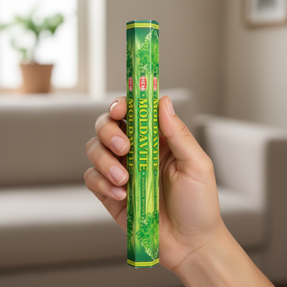 Moldavite Incense Sticks by HEM 20 Pack, held in hand