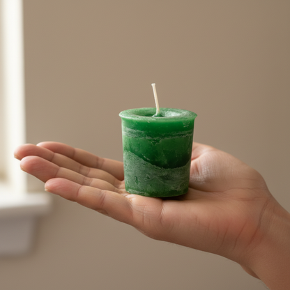 Money Herbal Votive - Green, held in hand