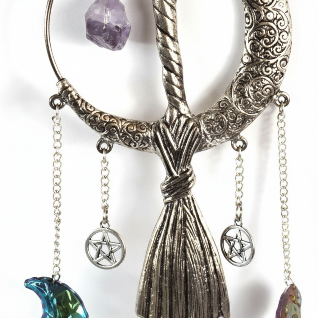 Moon and Broom Wall Hanging, detail view
