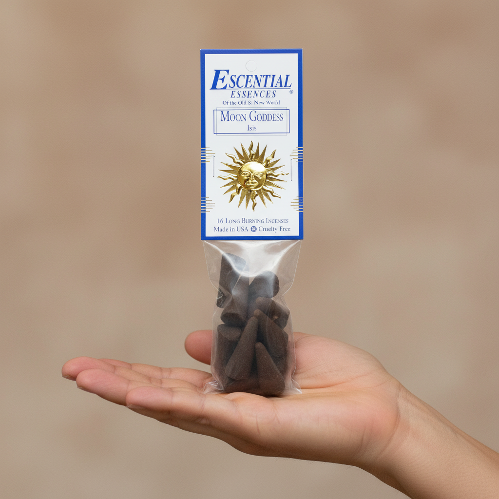 Moon Goddess Incense Cones by Escential Essences, 16 Cones, held in hand