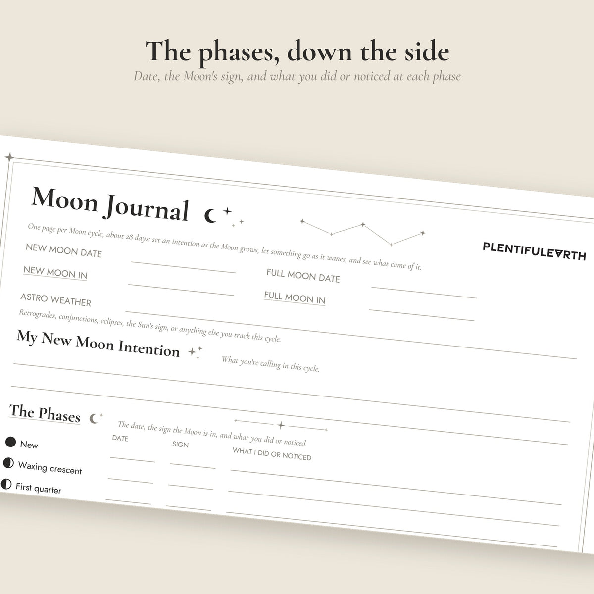 Moon Journal Page detail, the phases rows with date, sign, and notes