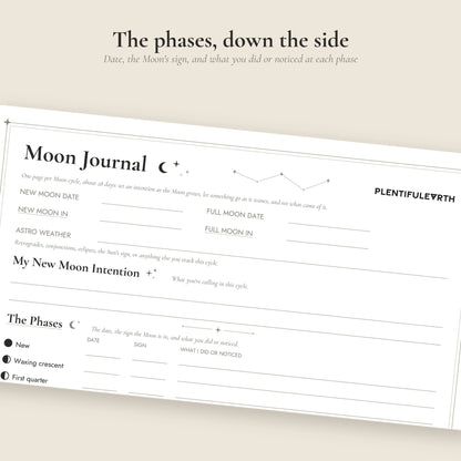 Moon Journal Page detail, the phases rows with date, sign, and notes