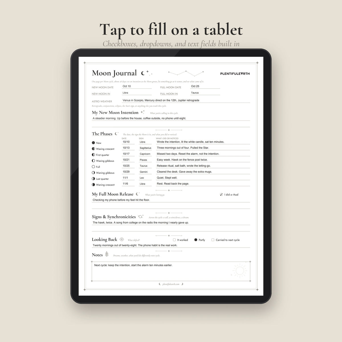 Moon Journal Page fillable PDF open on a tablet
