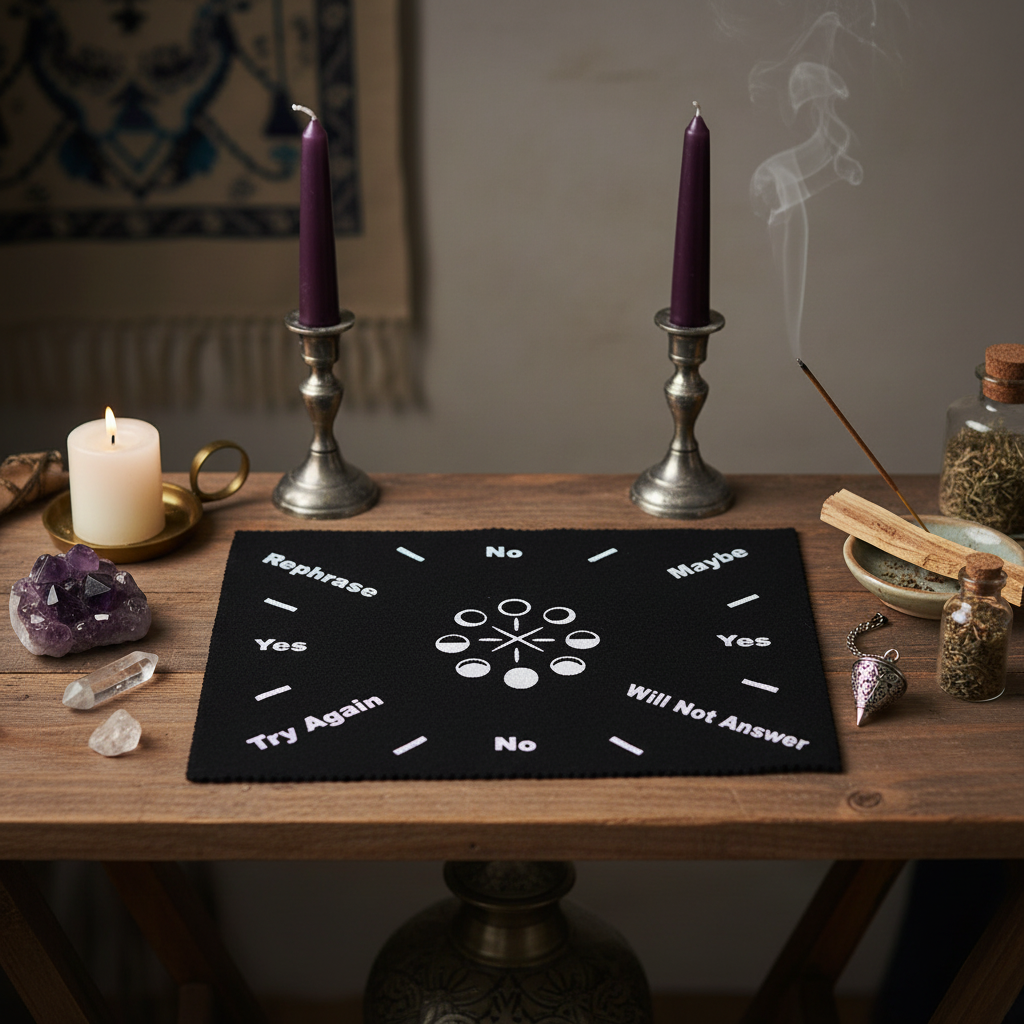 Moon Phase Pendulum Mat, styled on altar