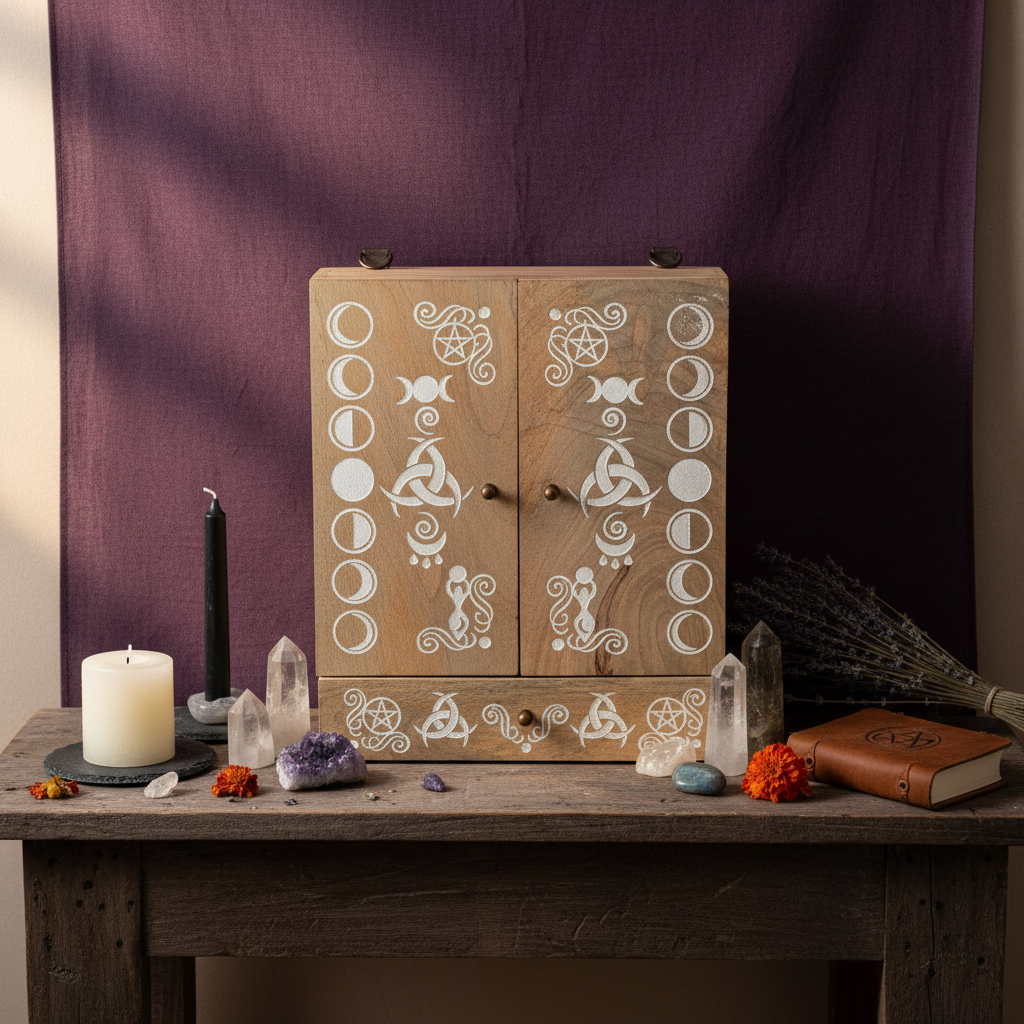Moon Phases Hanging Cabinet, styled on altar
