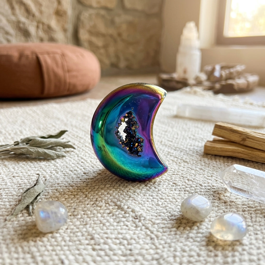 Geode in meditation area, illuminated by warm natural light, placed on a fabric mat with crystals and dried sage.