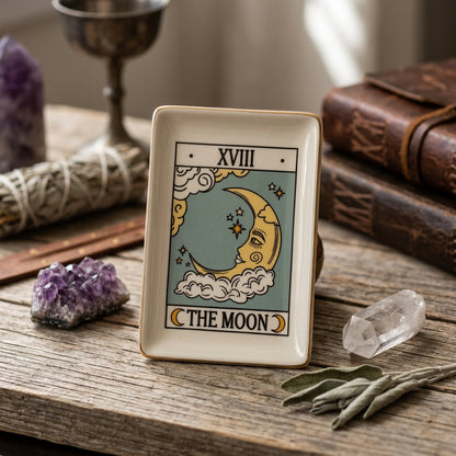 Photorealistic scene of a small moon tarot dish with gold edge on a wooden altar in a softly lit spiritual space