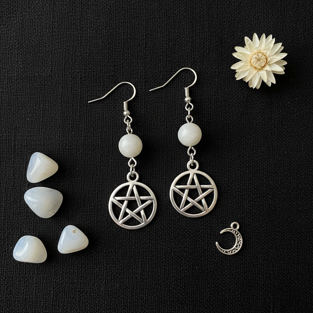 Moonstone Pentagram Earrings, alternate view