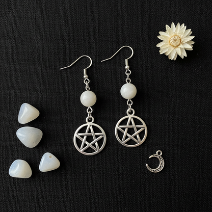 Moonstone Pentagram Earrings, alternate view