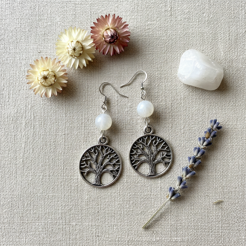 Moonstone Tree of Life Earrings, alternate view