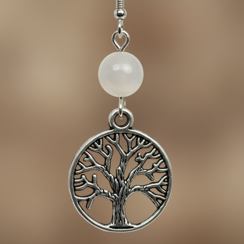 Moonstone Tree of Life Earrings, detail view