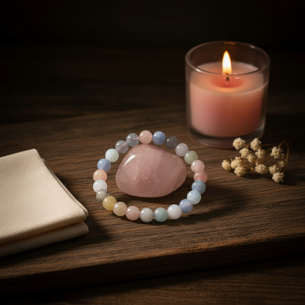 Morganite Crystal 6-8mm Bracelet, styled on altar