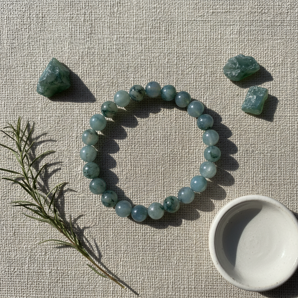 Moss Agate Beaded Bracelet 8mm – flat lay