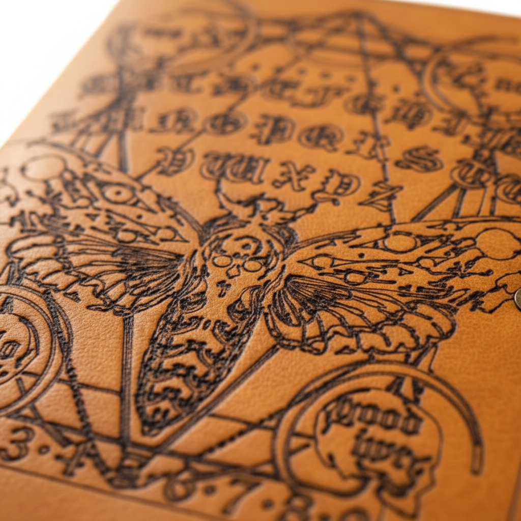 Moth and Ouija Board Leather Journal with Latch, detail view