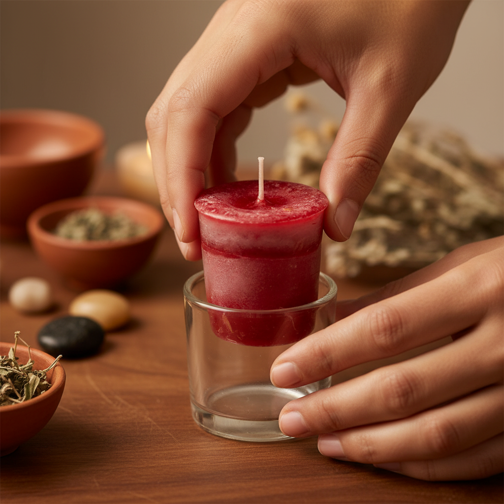Motivation Herbal Votive - Cranberry, shown in use