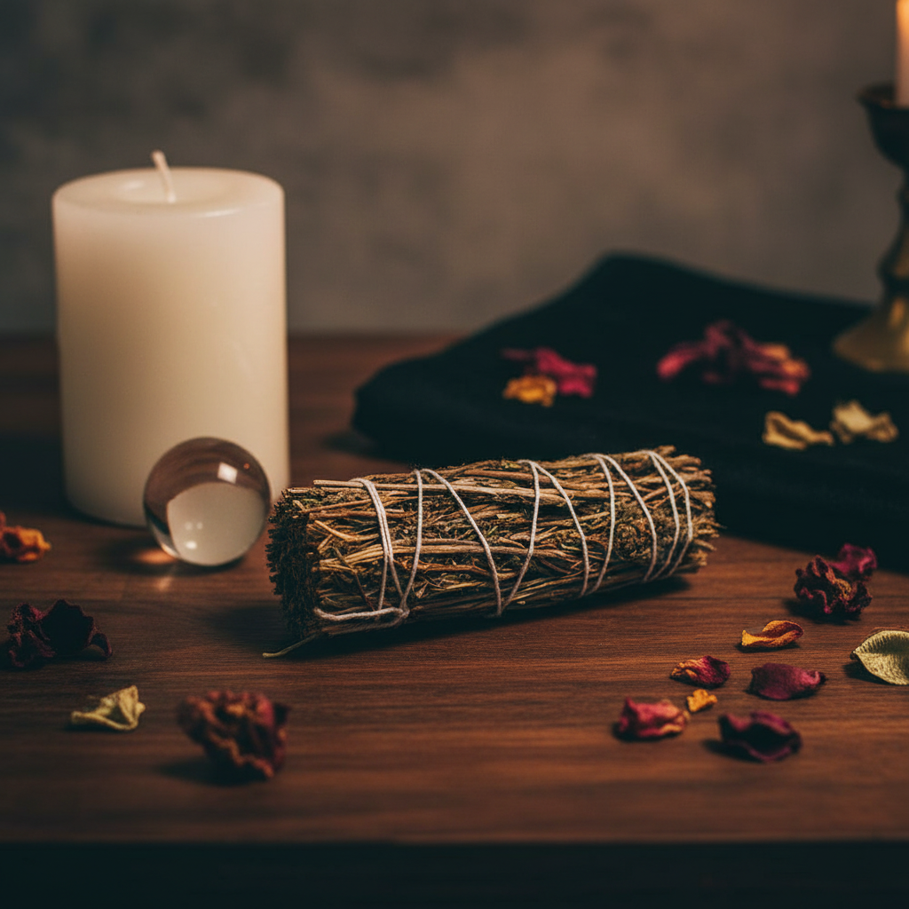 Mugwort Smudge Stick, 4", styled on altar