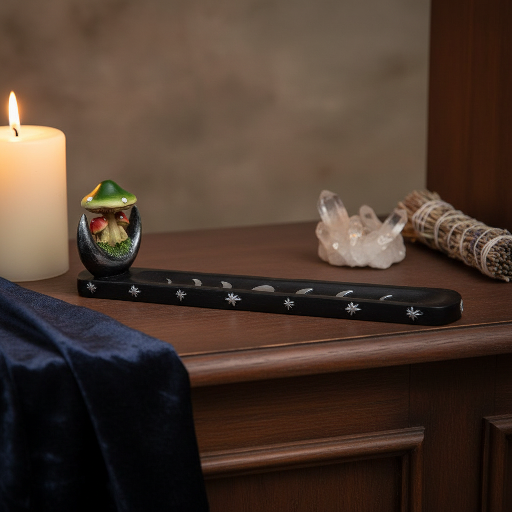 Mushroom Moon Burner, 10 Inches, styled on altar