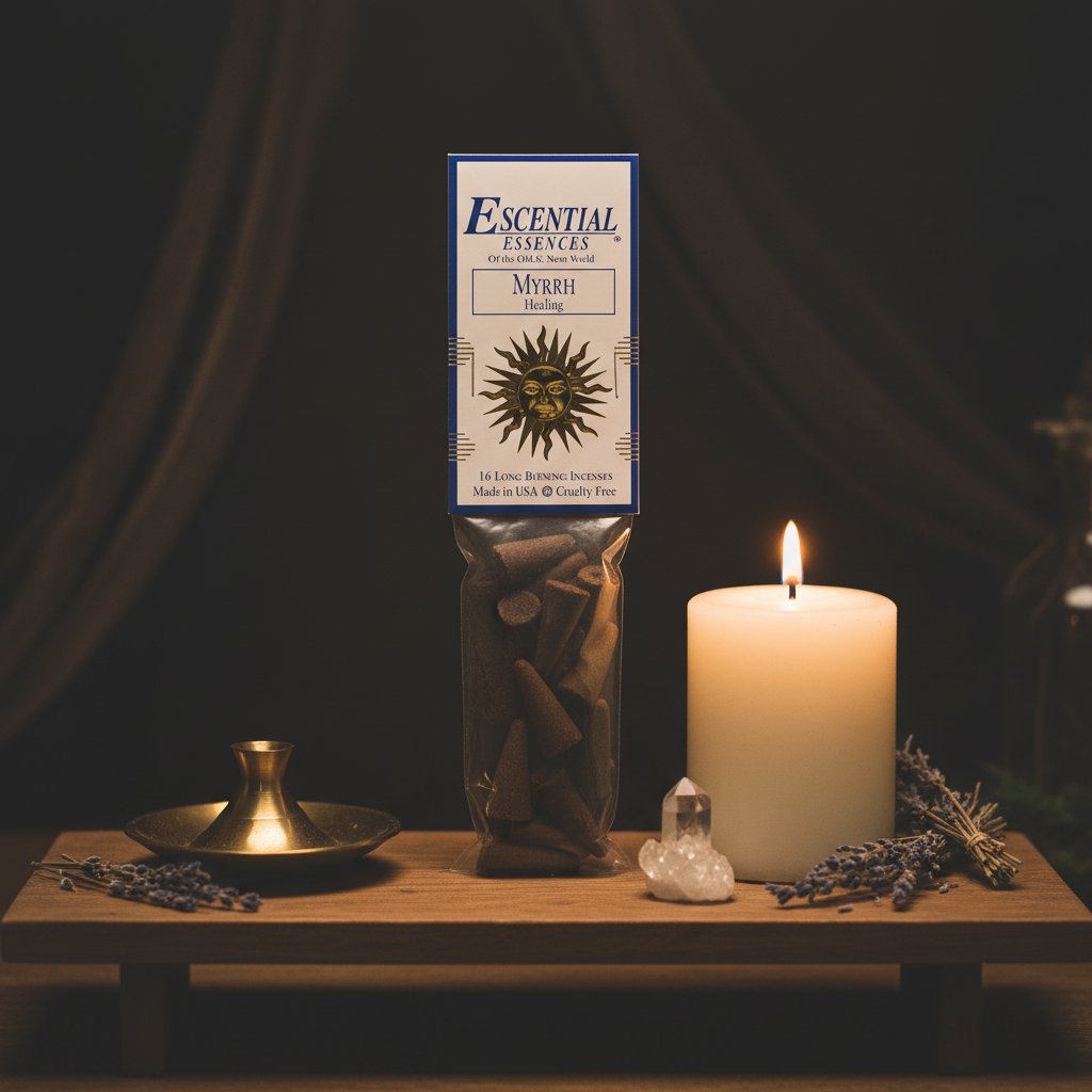 Myrrh Incense Cones by Escential Essences, 16 Cones, styled on altar