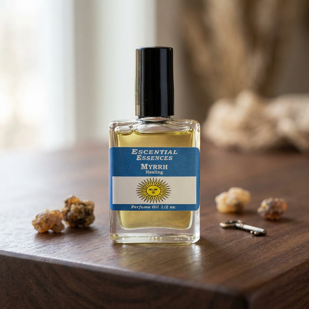 Close-up of Myrrh Perfume Oil by Escential Essences in dark wooden setting, highlighting glass clarity and label details with soft natural lighting.