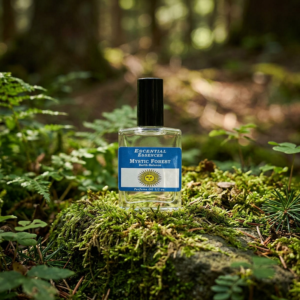 Full-body scene of Mystic Forest Perfume Oil on a moss-covered rock in a tranquil forest clearing, emphasizing connection to nature and earthy tones.