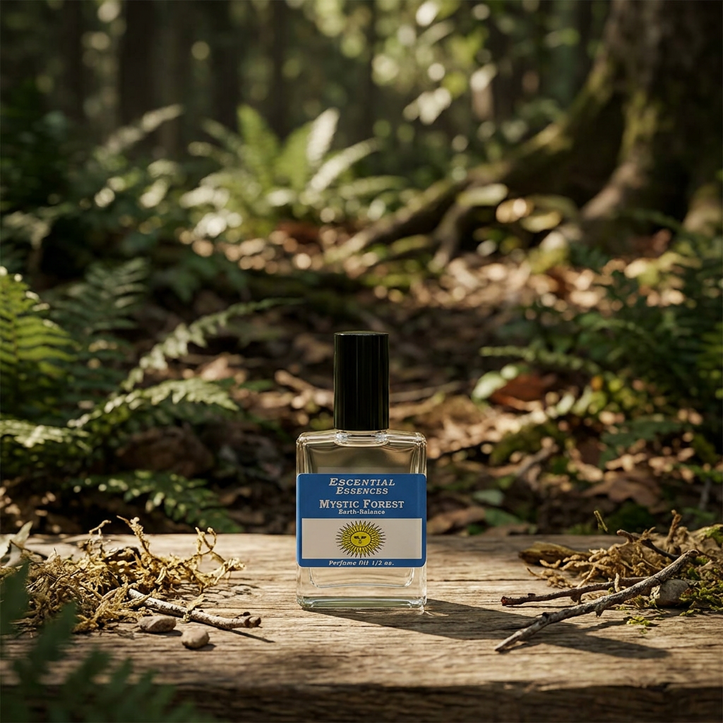 Mystic Forest Perfume Oil by Escential Essences in a 1/2oz glass bottle on a wooden surface outdoors, bathed in natural sunlight with lush green forest background.
