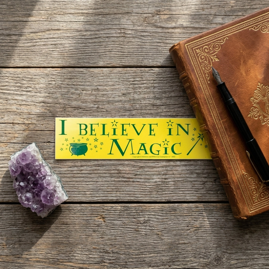 Top-down flat lay of the yellow bumper sticker alongside a vintage journal, crystal, and black pen on a rustic wooden table.