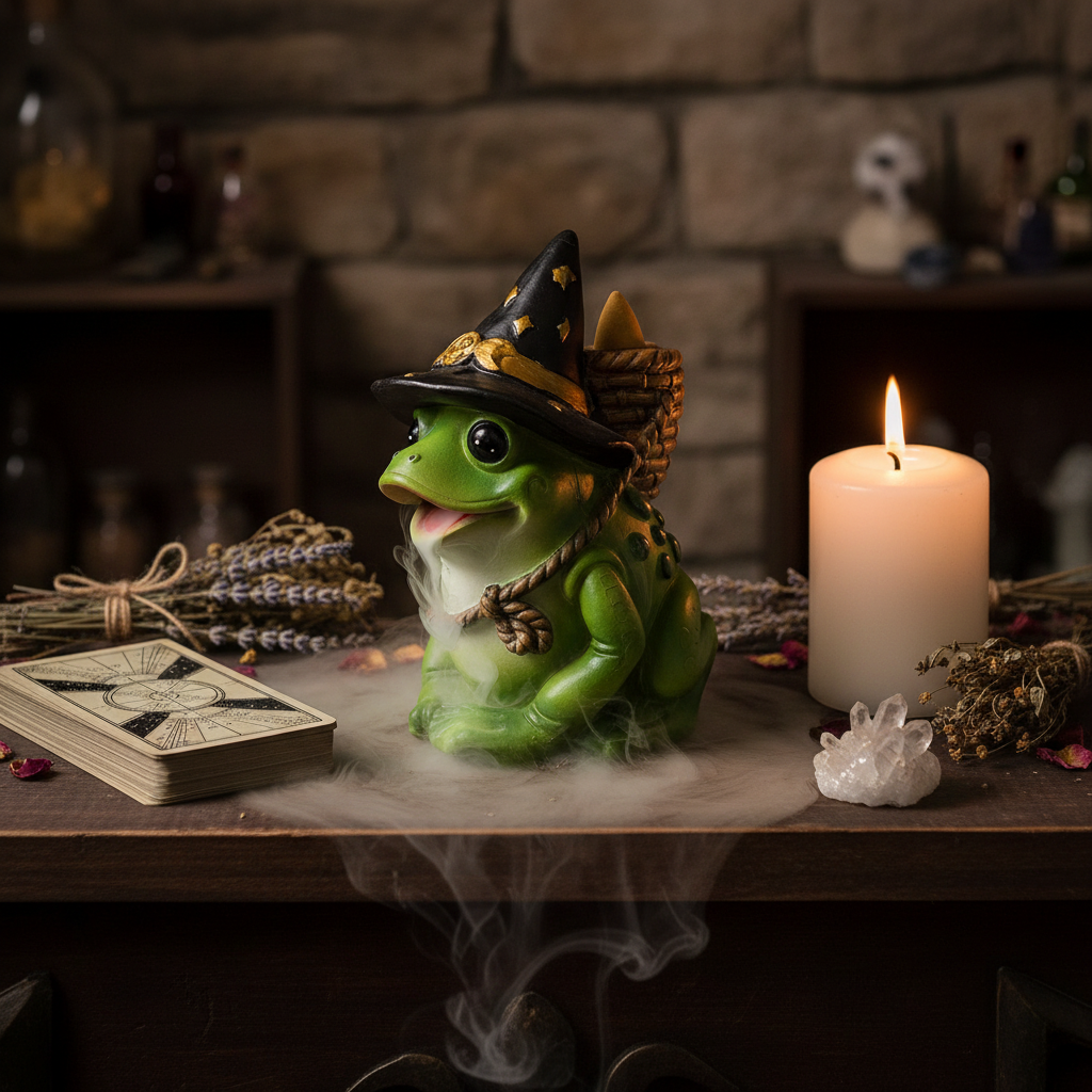 Mystical Frog Backflow Incense Burner, styled on altar