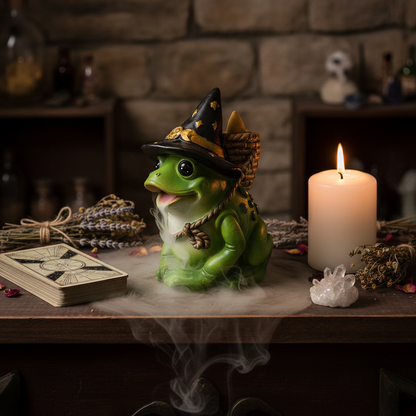Mystical Frog Backflow Incense Burner, styled on altar