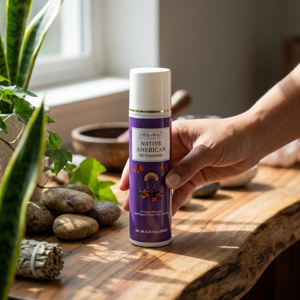 Close-up of Native American air freshener aerosol can on wooden surface with green leaves and earthy accents, highlighting organic spiritual cleansing.