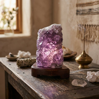 Amethyst druse lamp casting violet glow on meditation altar with sage and crystals in tranquil space