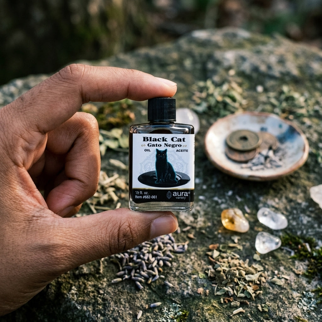 Product shot of a small Gato Negro oil bottle outdoors at dawn, styled amid ritual items and held by a diverse hand, highlighting micro-details.