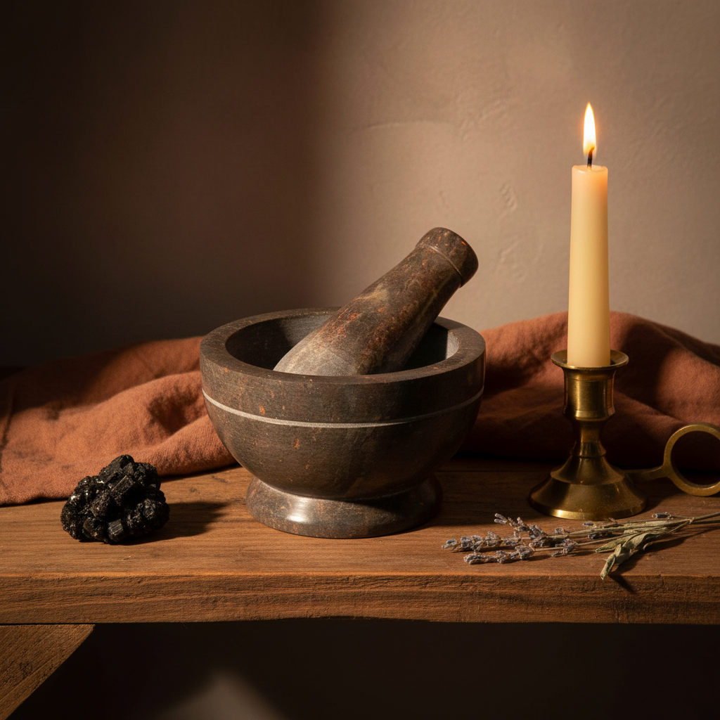Natural Mortar and Pestle, Set of 4", styled on altar