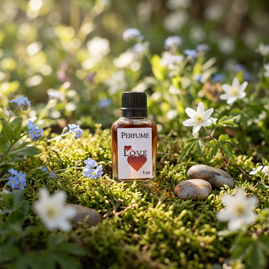 Panoramic outdoor scene with the 1oz Love perfume bottle on moss and wildflowers, bathed in sunlight filtered through trees, emphasizing natural beauty.
