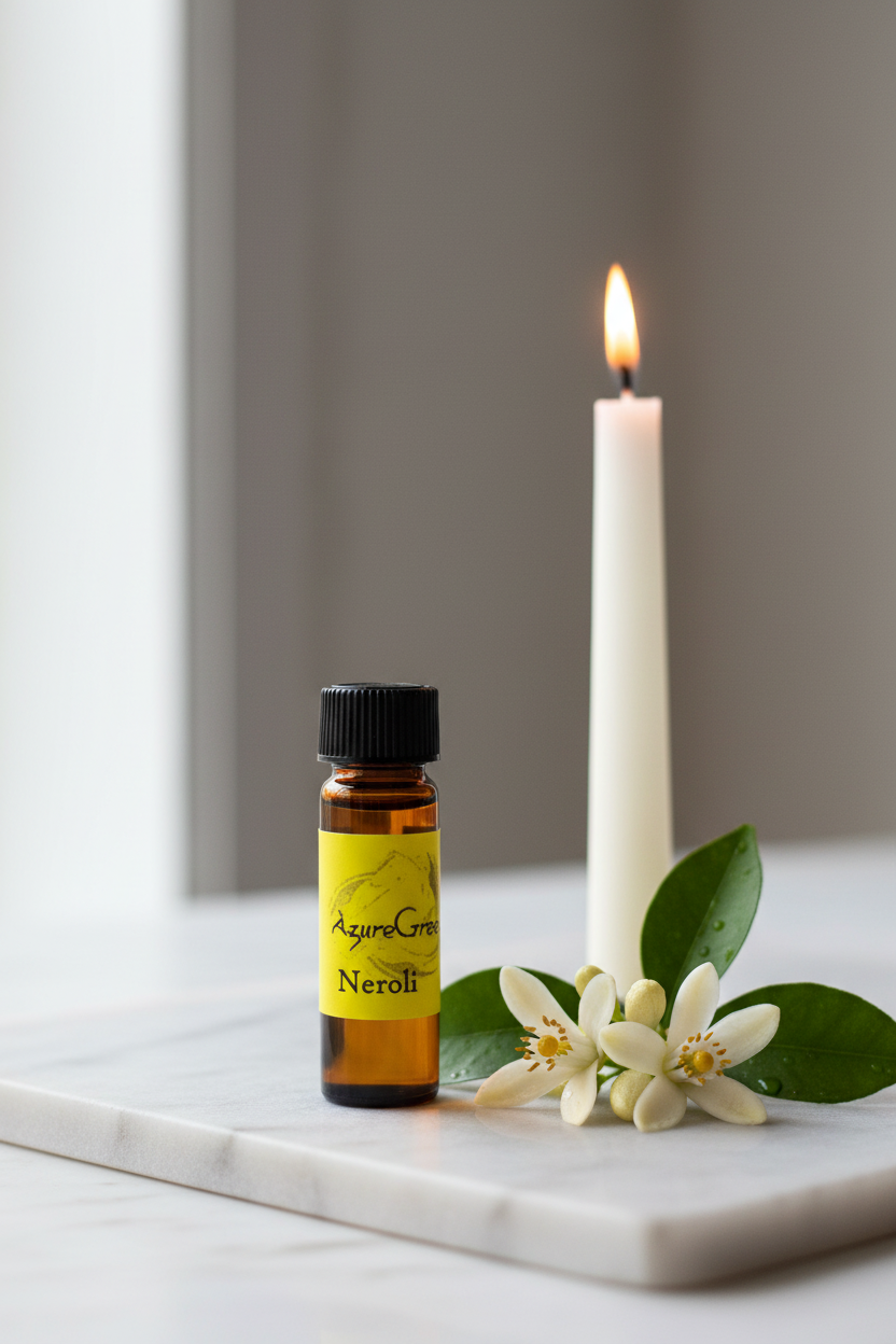 Neroli Oil on marble with orange blossoms and candle