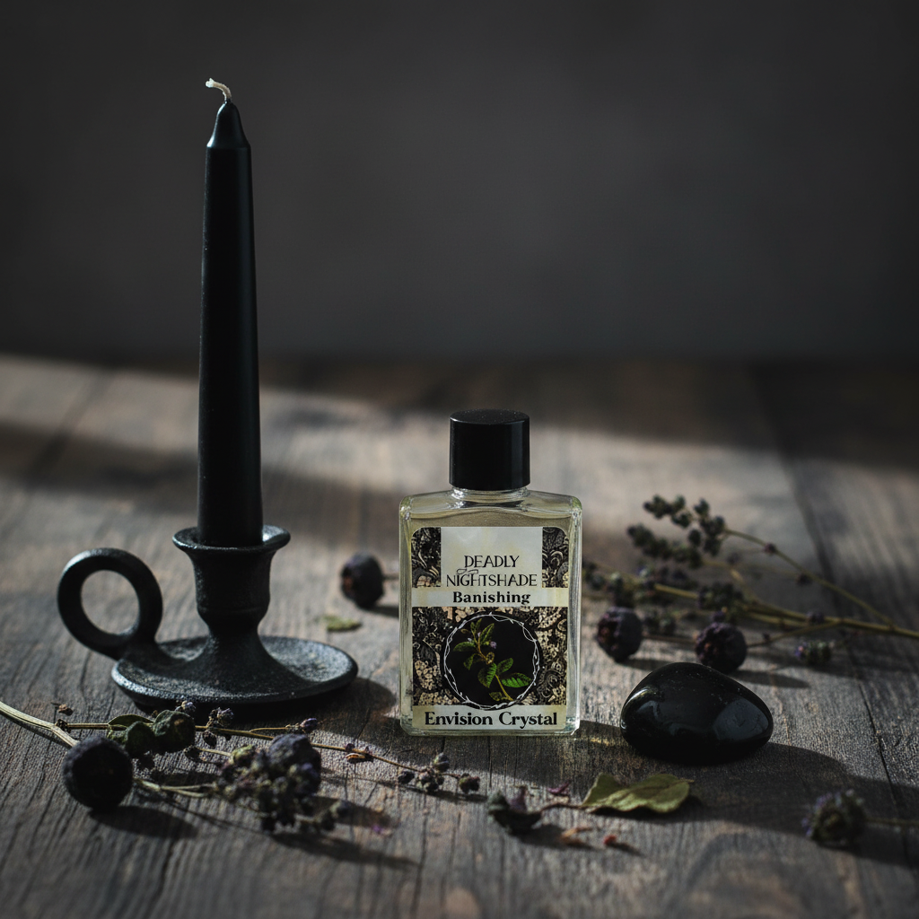 Nightshade Banishing Oil, 4 Dram, styled on altar