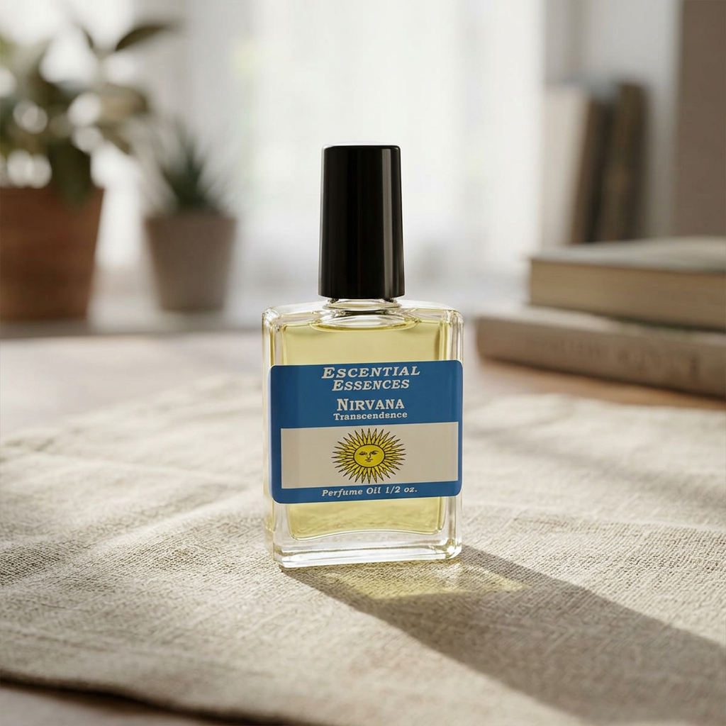 Close-up of Nirvana Perfume Oil bottle by Escential Essences on beige linen fabric, highlighting the glass texture and subtle oil discoloration.