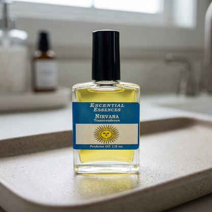 Scene of Nirvana Perfume Oil on a ceramic tray in a cozy vanity, with natural lighting highlighting glass micro-texture and luxurious feel.