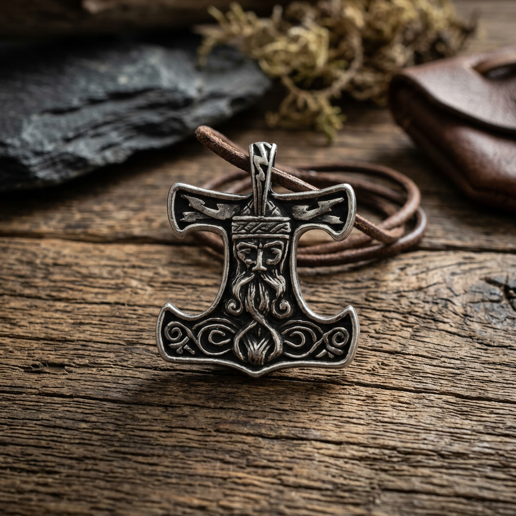 Close-up of Norse Pride pewter talisman with Thor's head and hammer, Celtic knotwork, on textured wooden surface with natural lighting.