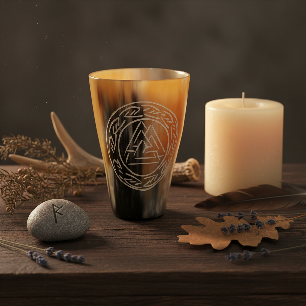 Norse Valknut Buffalo Horn Mug, styled on altar