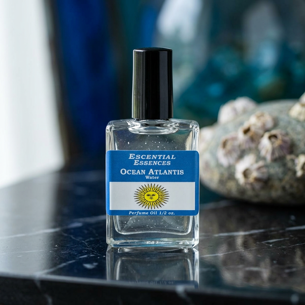 Close-up of Ocean Atlantis Perfume Oil in a sleek glass bottle on black marble with water-inspired details.