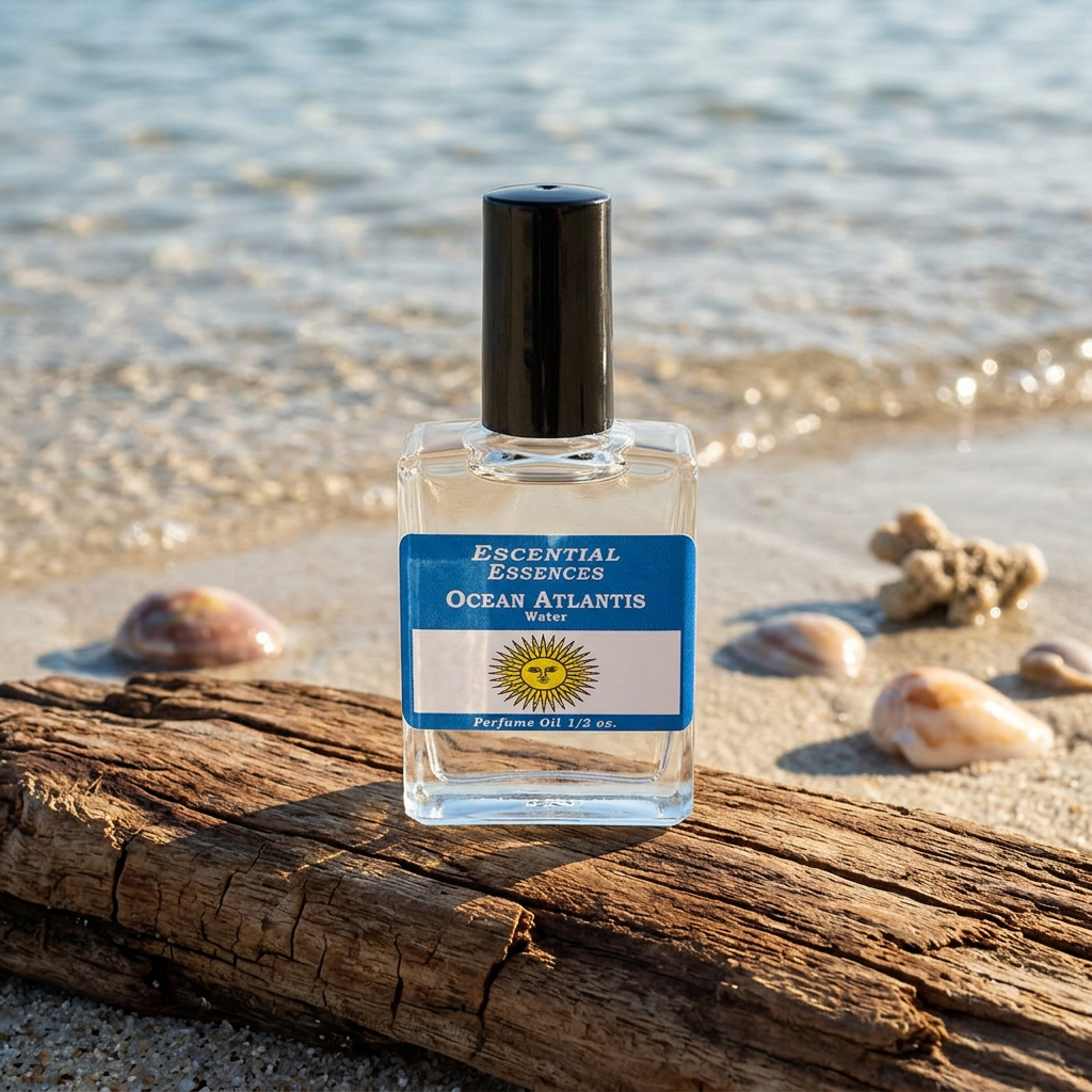 Full-body scene of Ocean Atlantis Perfume Oil bottle on a textured wooden surface in natural daylight.