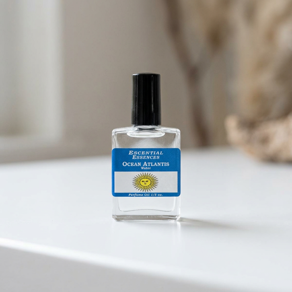 Close-up of Ocean Atlantis Perfume Oil bottle on white gradient surface with diffuse indoor lighting.