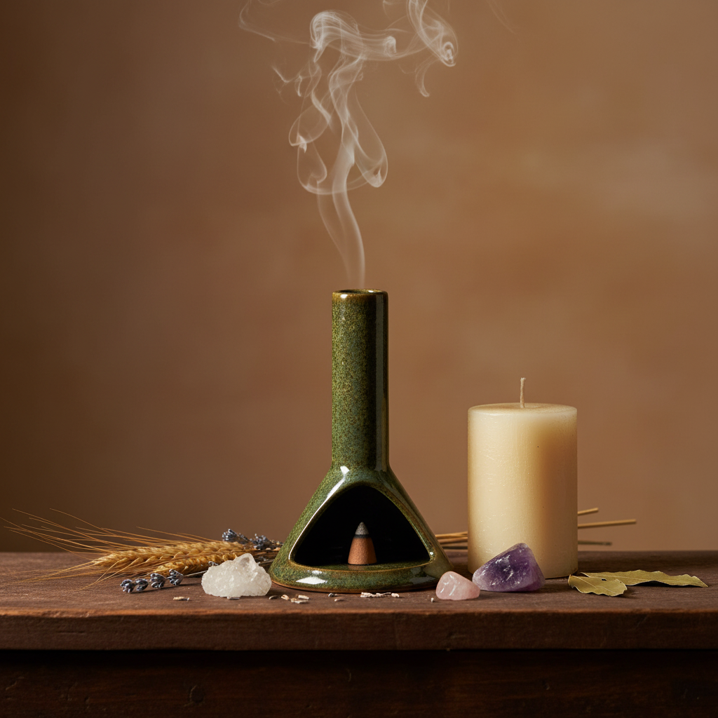 Olive Green Chimney Burner, 6 Inch, styled on altar