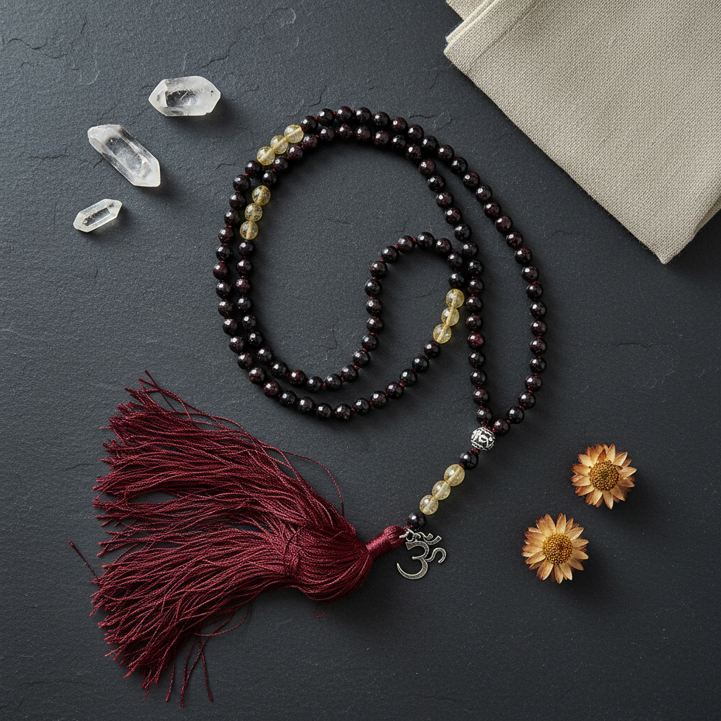 Om Japa Mala, Garnet & Golden Rutile, alternate view