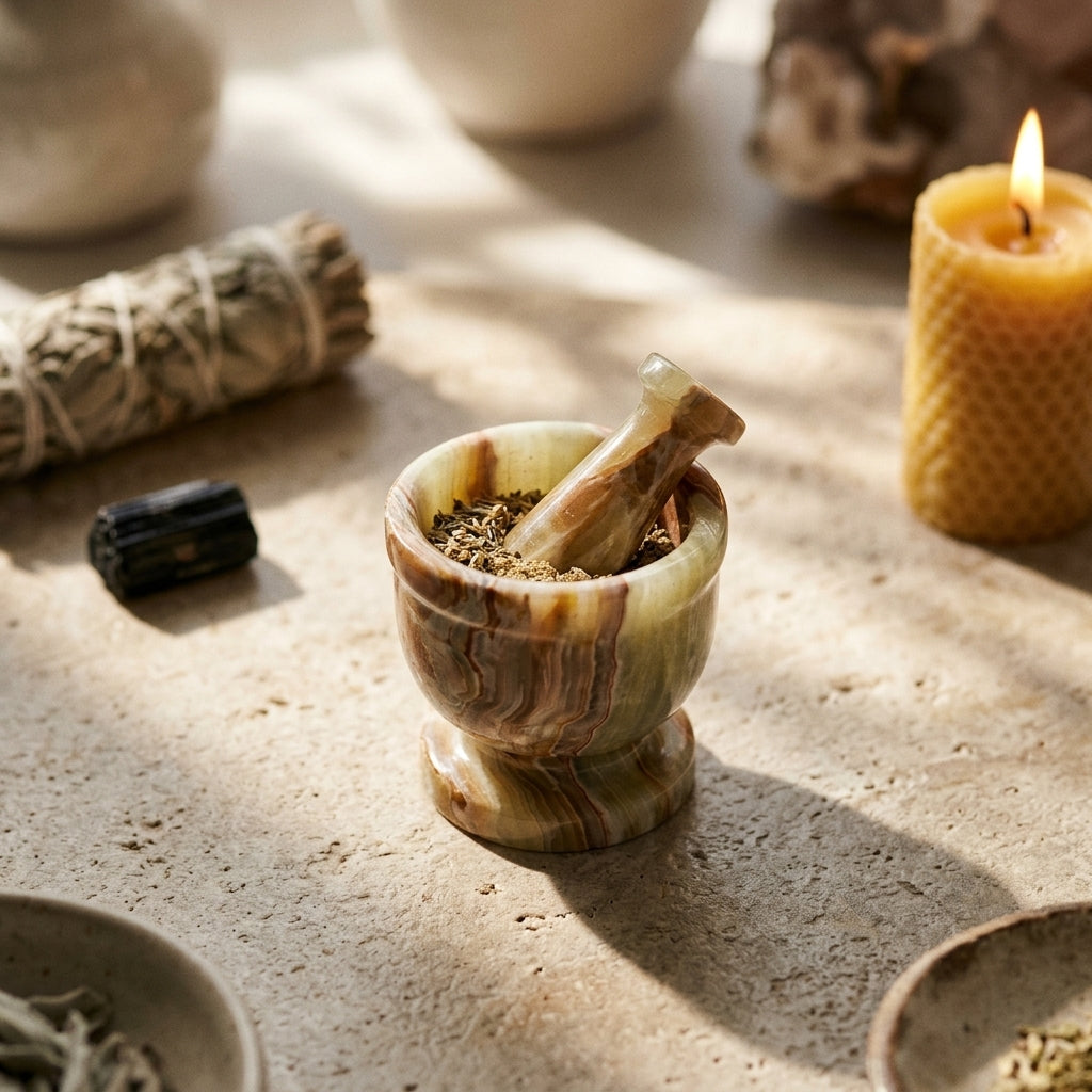 Elevated view of polished onyx mortar and pestle on textured surface with natural sunlight and micro-details.