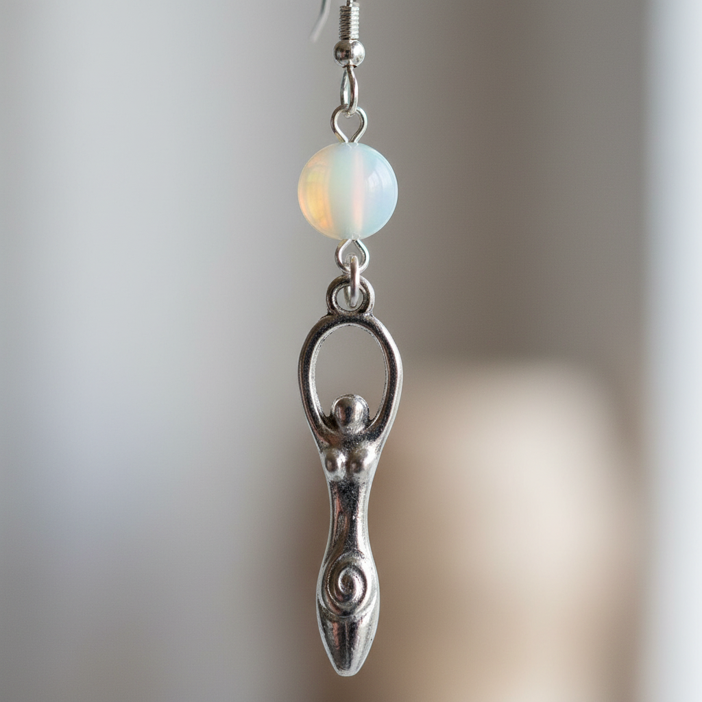 Opalite Goddess Earrings, detail view
