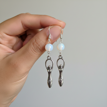 Opalite Goddess Earrings, held in hand